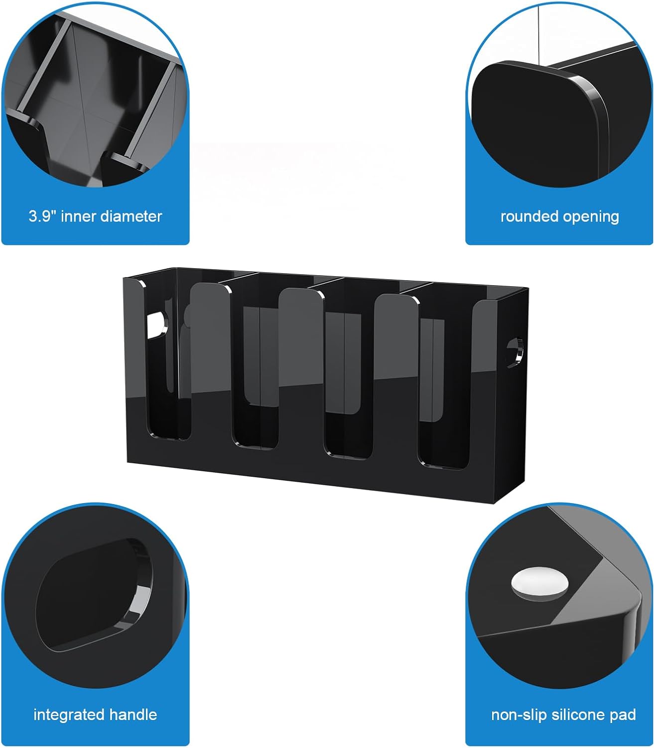 WINFFOR Disposable Cup Organizer Dispenser - 4 Compartments Black Acrylic Cup and Lid Holder with Handles Plastic Cup Dispenser Countertop Paper Cup Holder for Coffee Bar House Party Essentials