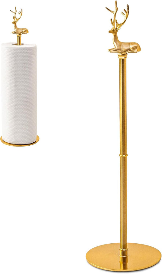 Gold Paper Towel Holder for Countertop, Vintage Brass Paper Holder for Kitchen, Bathroom, Dining Room, Non-Scratch Base & Detachable Deer