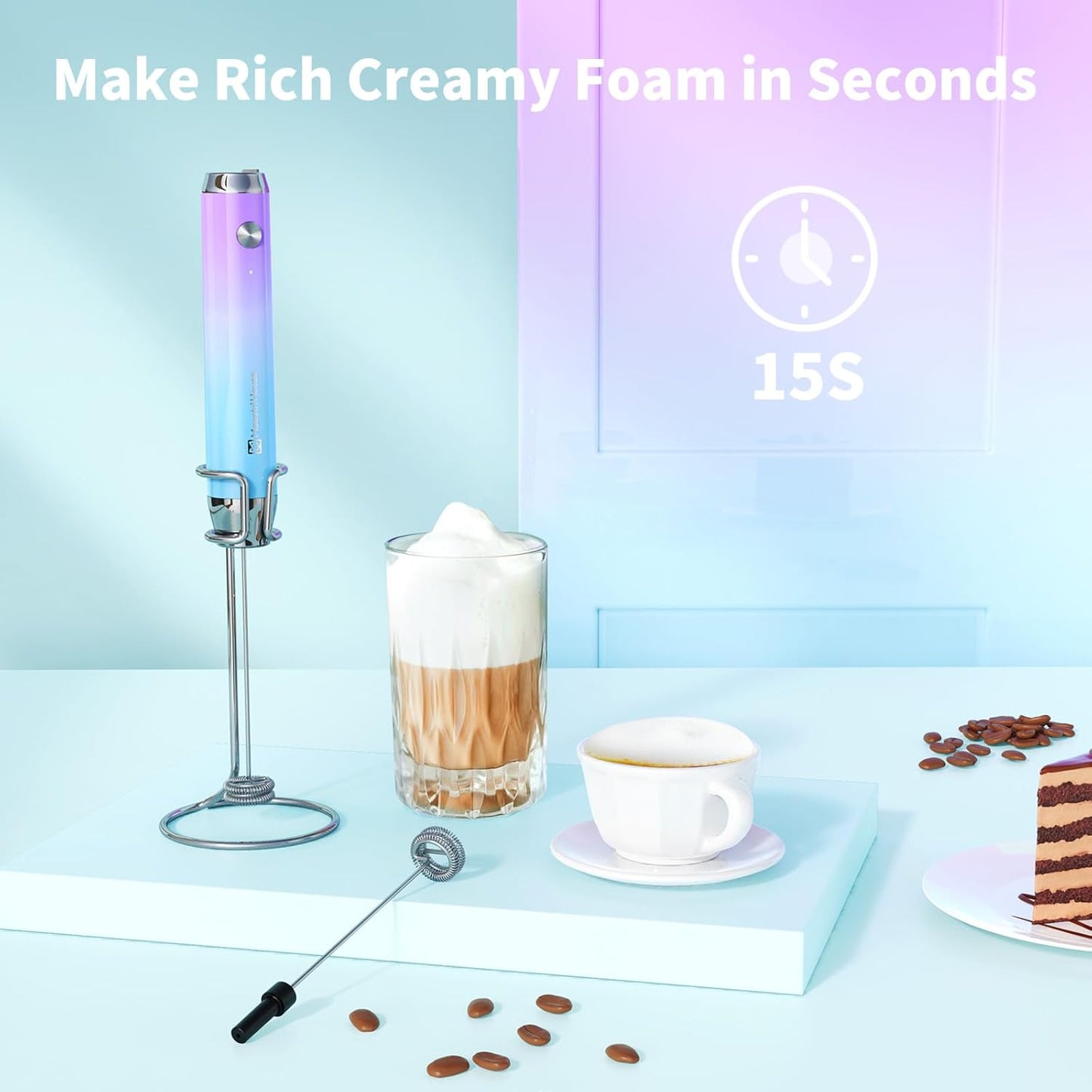 Maestri House Rechargeable Milk Frother with Stand, LunaFro Handheld Electric Foam Maker Waterproof Detachable Stainless Steel Whisk Drink Mixer Foamer for Lattes, Cappuccino