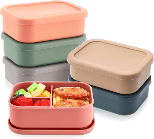 Honeydak 6 Pcs Silicone Bento Box 3 Compartment Reusable Lunch Container Smooth and Leakproof Meal Prep Lunch Box with Lid Stackable Meal Prep Container for Work Travel, 6 Colors (Classic Colors)