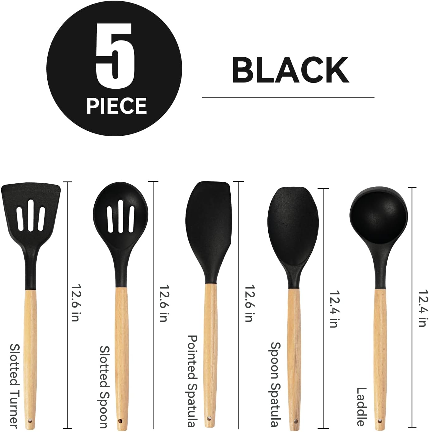 Non-Stick Silicone Cooking Utensils Set, 5 Pcs with Wooden Handle, Heat Resistant Silicone Kitchen Gadgets (Black)