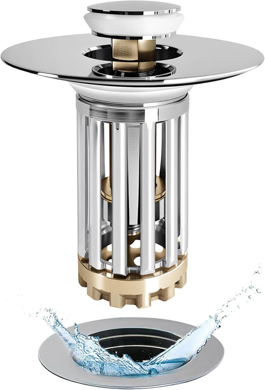 Bathroom Sink Drain Strainer, 3 in 1 Pop Up Bathroom Sink Stopper with Removable Brass Basket Hair Catcher, Universal Sink Plug for 1.06 to 1.6in Drain Hole, Chrome Silver