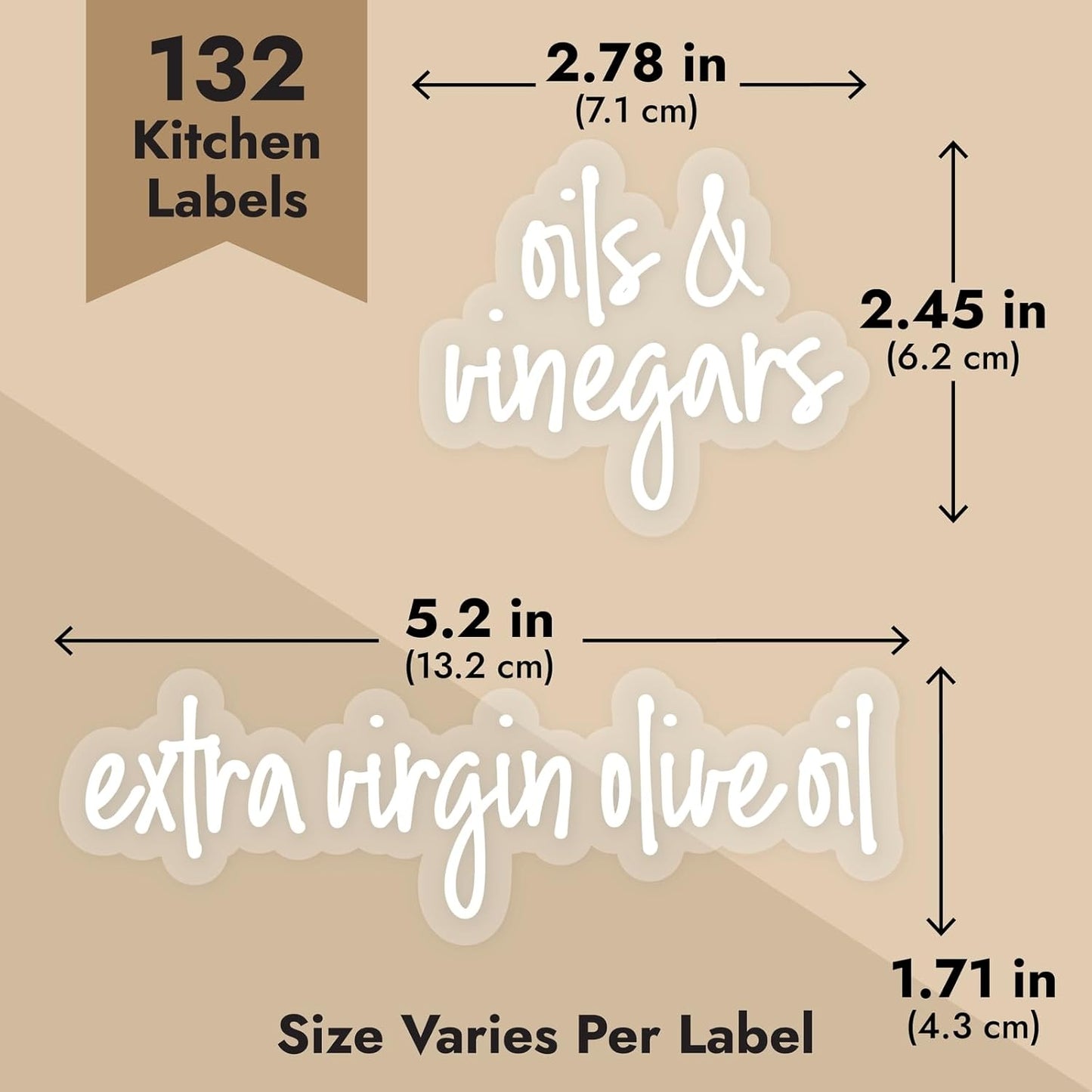 Talented Kitchen Labels for Oil Bottles & Vinegar Dispensers - 132-Count White Vinyl Glossy - Various Sizes - Oil Bottle Stickers & Condiment Labels for Kitchen Organization