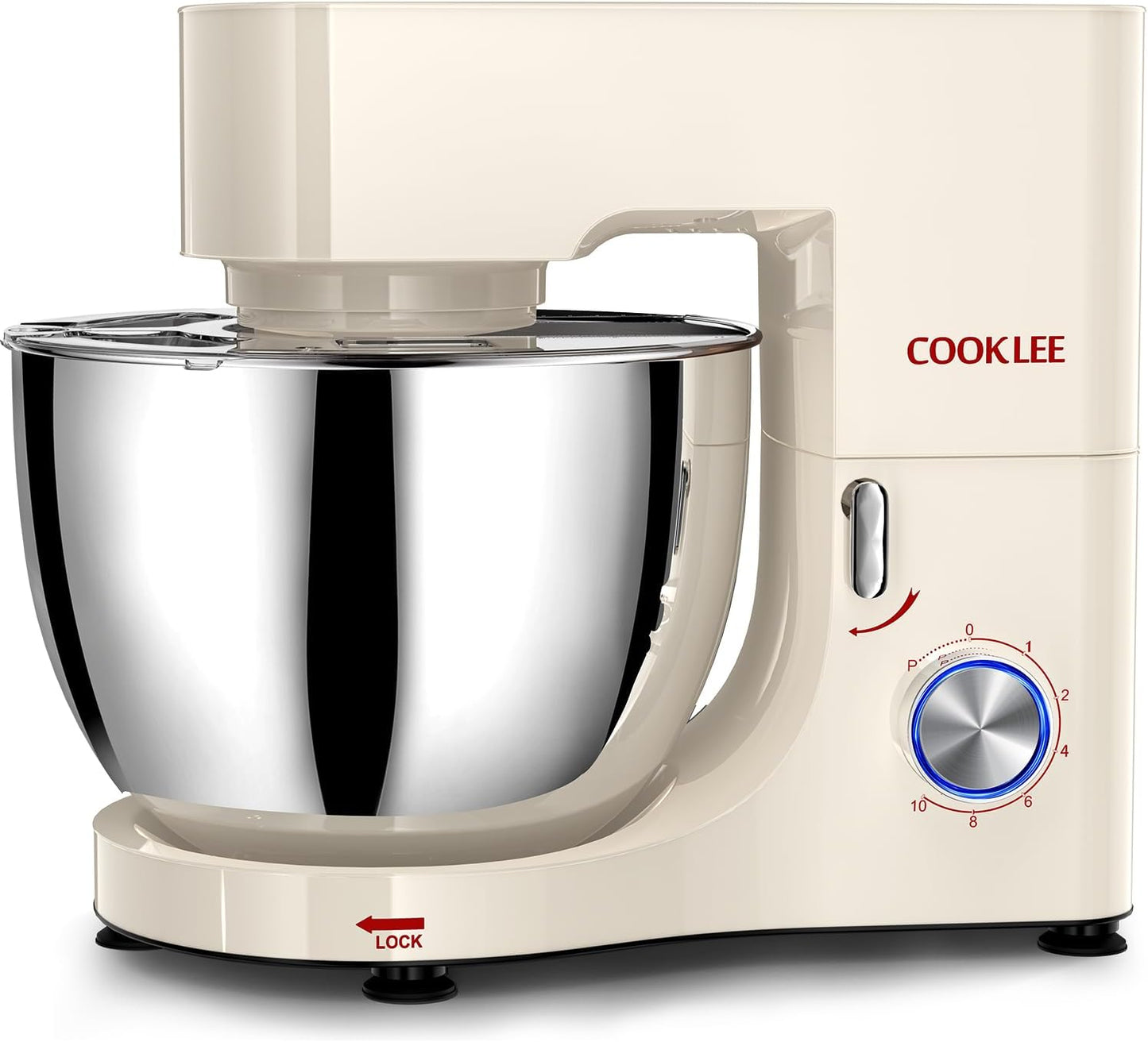 COOKLEE Stand Mixer, 9.5 Qt. 660W 10-Speed Electric Kitchen Mixer with Dishwasher-Safe Dough Hooks, Flat Beaters, Wire Whip & Pouring Shield Attachments for Most Home Cooks, White