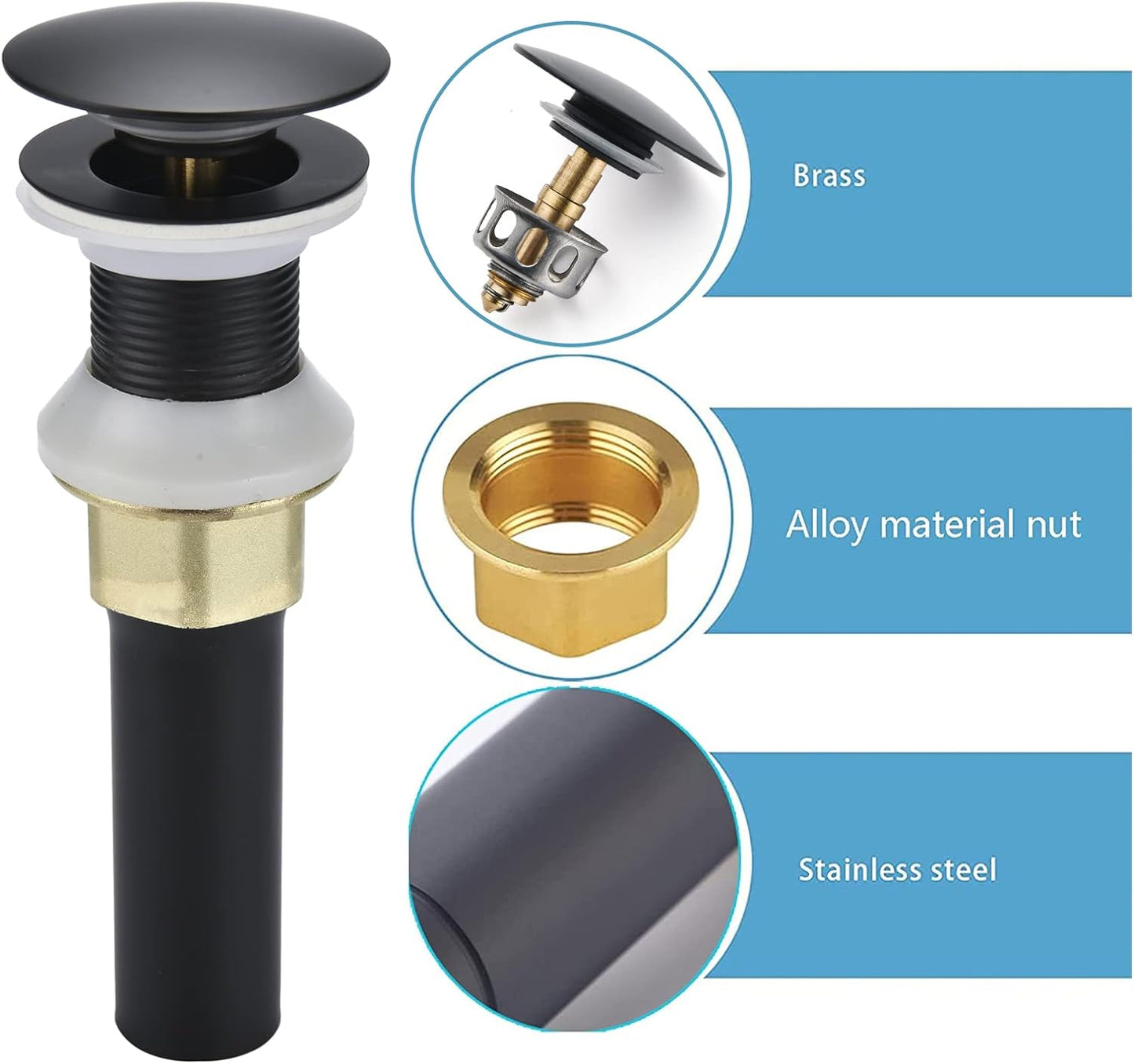 Bathroom Sink Drain,5 Pack Drain Stopper Bathroom Sink Without Overflow,Pop Up Drain Assembly with Detachable Strainer Basket,Built-in Anti-Clogging Strainer,Stainless Steel Mattle Black