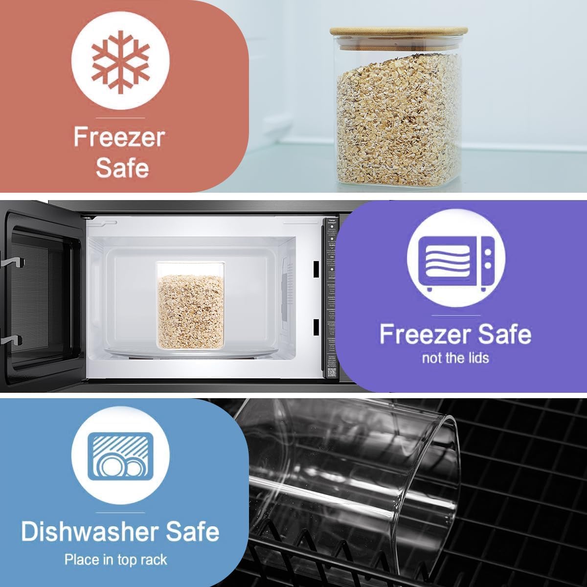 5 Pack Square Glass Pantry Storage Containers with 132 Kitchen Food Pantry Labels - Clear Glass Pantry Jars with Airtight Wood Bamboo Lids - Glass Canisters for Pasta, Cereal, Coffee, Flour, Sugar