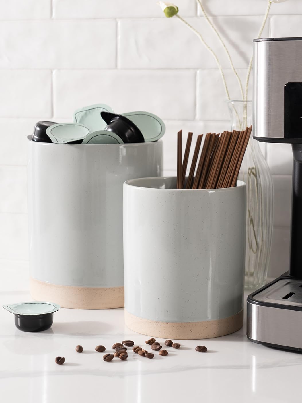 famiware Milkyway Kitchen Utensil Holder for Countertop, 7.2"+5.8" Ceramic Cooking Utensil Crocks for Counter, Utensil Organizer for Spatula & Spoon, Kitchen Decor, Set of 2, Light Gray