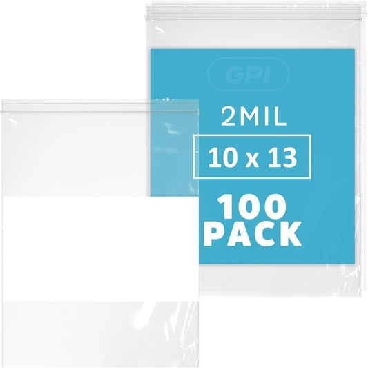 10" x 13" Large Zip Bags, 2 Mil Thick Clear Plastic Reclosable Zipper Lock Bags with Write-on White Block, with Resealable Zip Top Lock for Food Storage & Office Supplies, 100 Count
