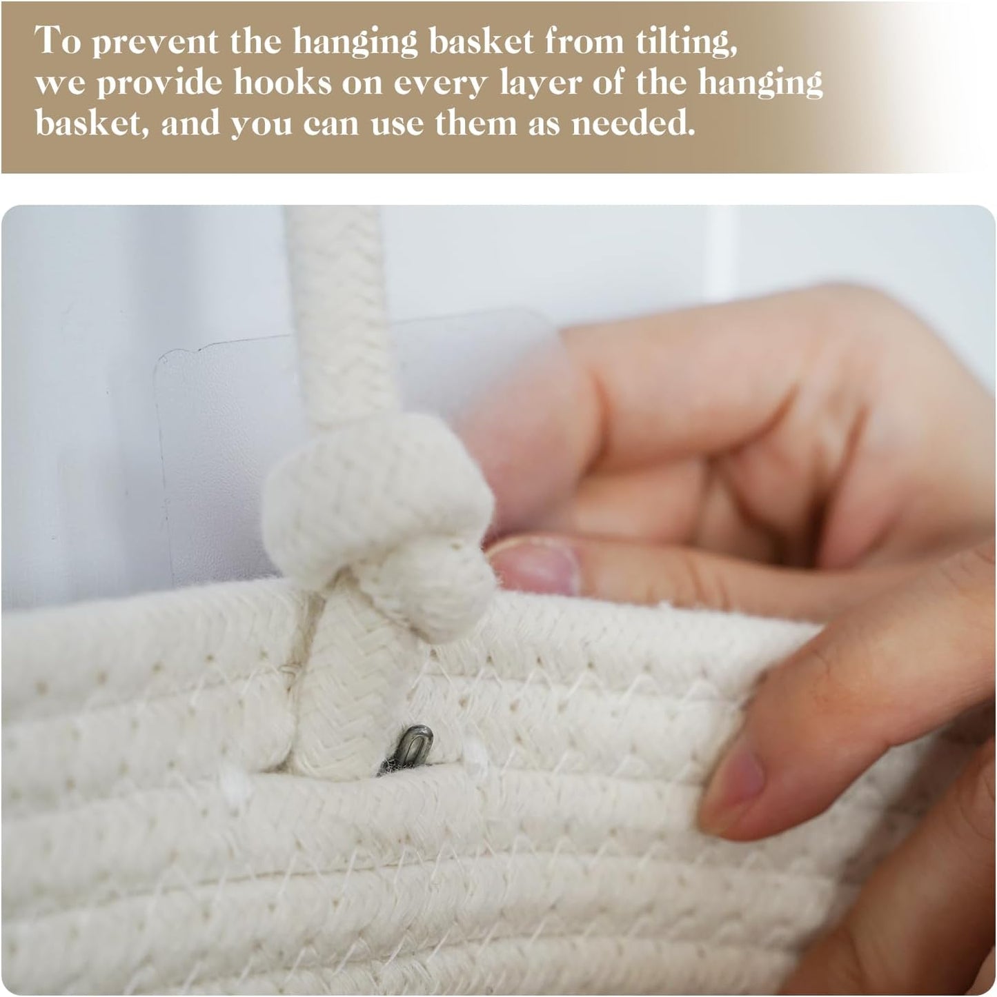 TeoKJ 3-Tier Hanging Baskets for Storage with Pearl Button Strap, Cotton Rope Over the Door Organizer, Wall-Mounted with Hook Decorative Hanging Kitchen Baskets, White & Jute