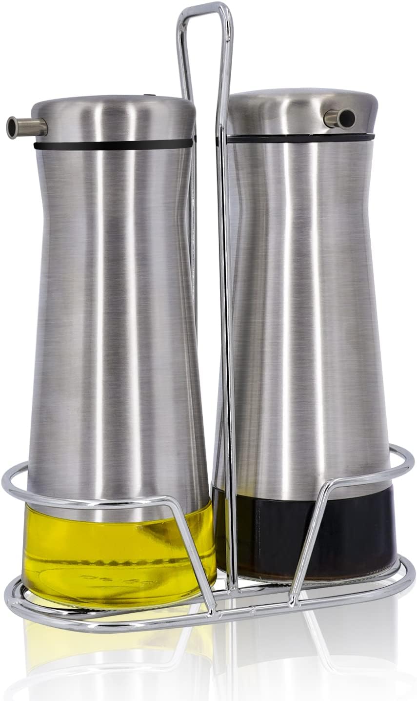 Aelga Oil And Vinegar Dispenser Set with Caddy - 2 Pack Oil Dispenser Bottle for Kitchen with No-Drip - Kitchen Decor and Accessories for Home Restaurants Weddings