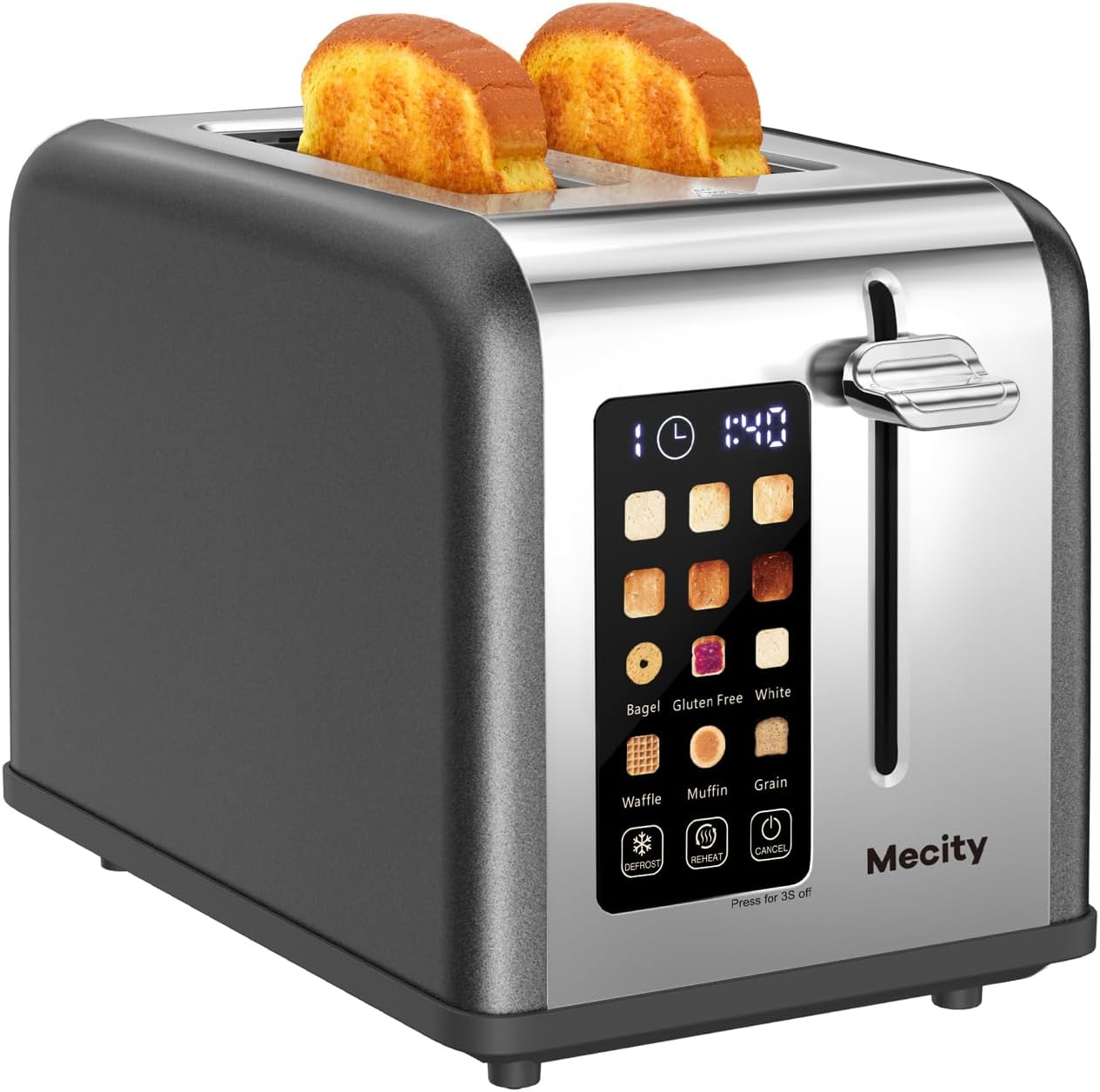 Mecity 2 Slice Touch Screen Toaster, 1.5" Wide Slot, Stainless Steel Smart Toaster for Bagels, Muffins, Waffles, Gluten-Free Breads, Defrost, Reheat, Timer, 120V 825W, Pearl Grey