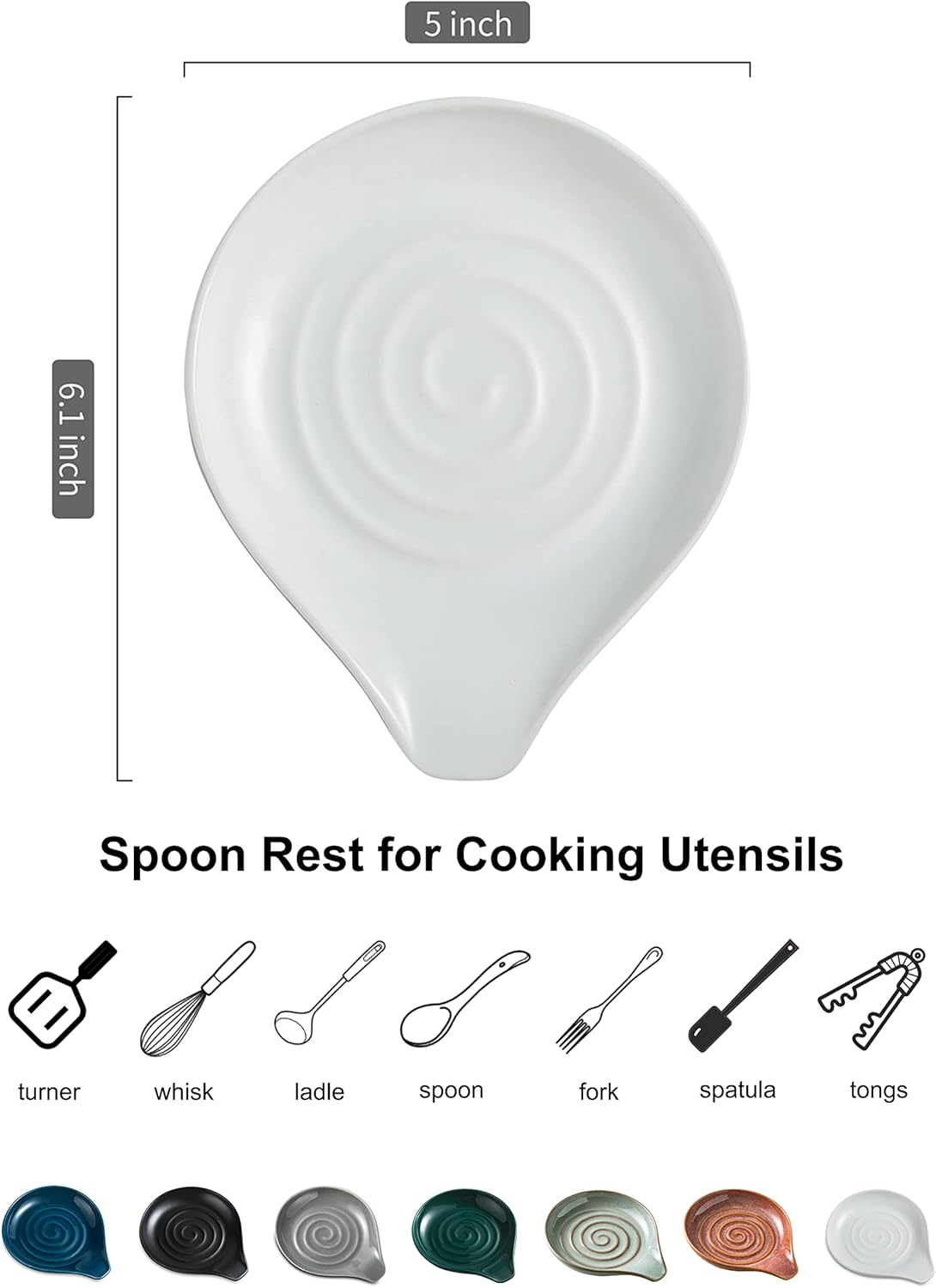 Ceramic Spoon Rest for Kitchen Countertop Porcelain Spoon Holder for Stove Top Large Holder for Spatula, Spoons or Tongs, Framhouse Decor, White