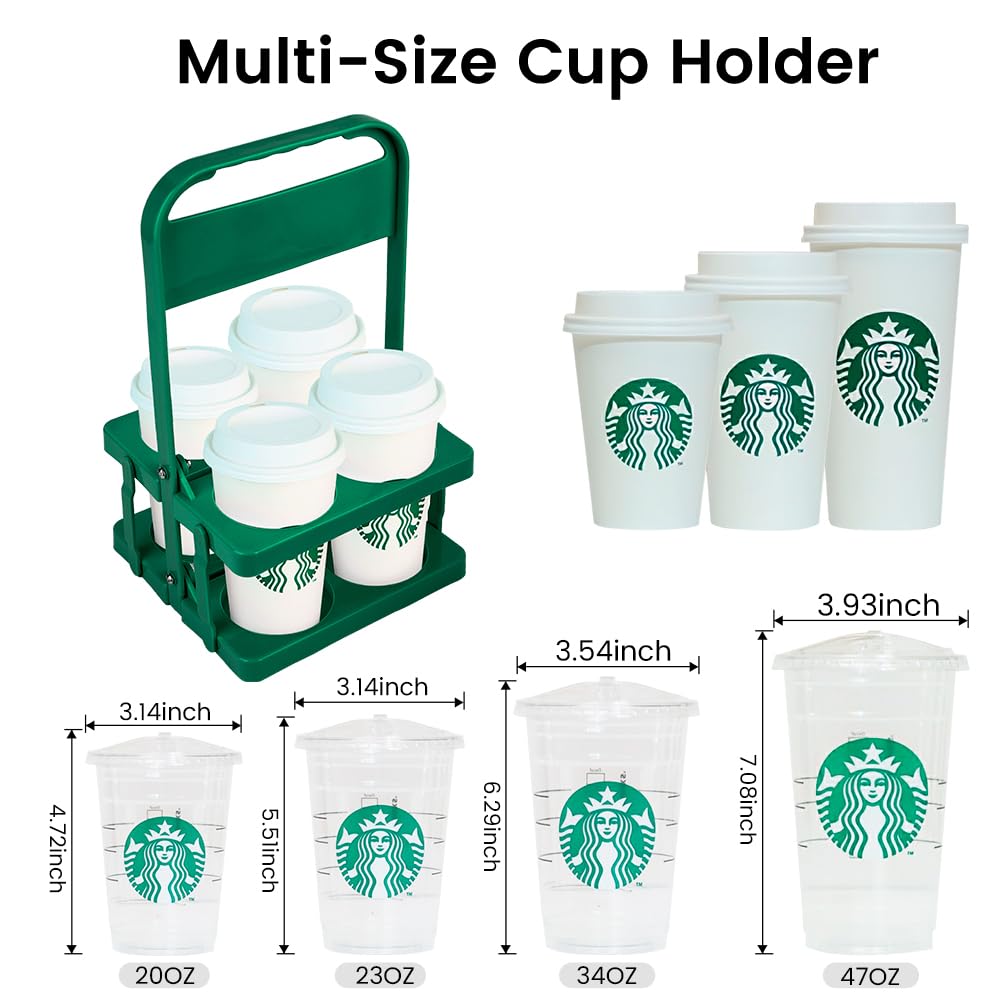 Bodaon 4 Cup Drink Carrier with Handle, Plastic Cup Carriers for Drinks, Drink Holder for Car, GrubHub/Eats Doordash Accessories, Portable Foldable Reusable Mobile, Use for Food Delivery Bag, Green