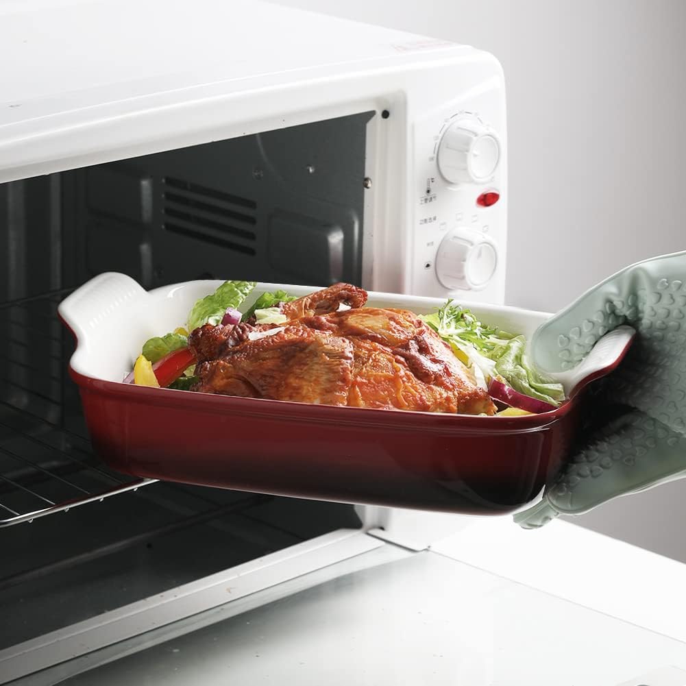 Sweejar Baking Pans Set, Ceramic 9x13 Baking Dish with Handle, Rectangular Casserole Dishes for Oven, Bakeware Sets of 3, Durable Lasagna Pan Deep for Kitchen, Banquet, Wedding Gift(Gradient Red)