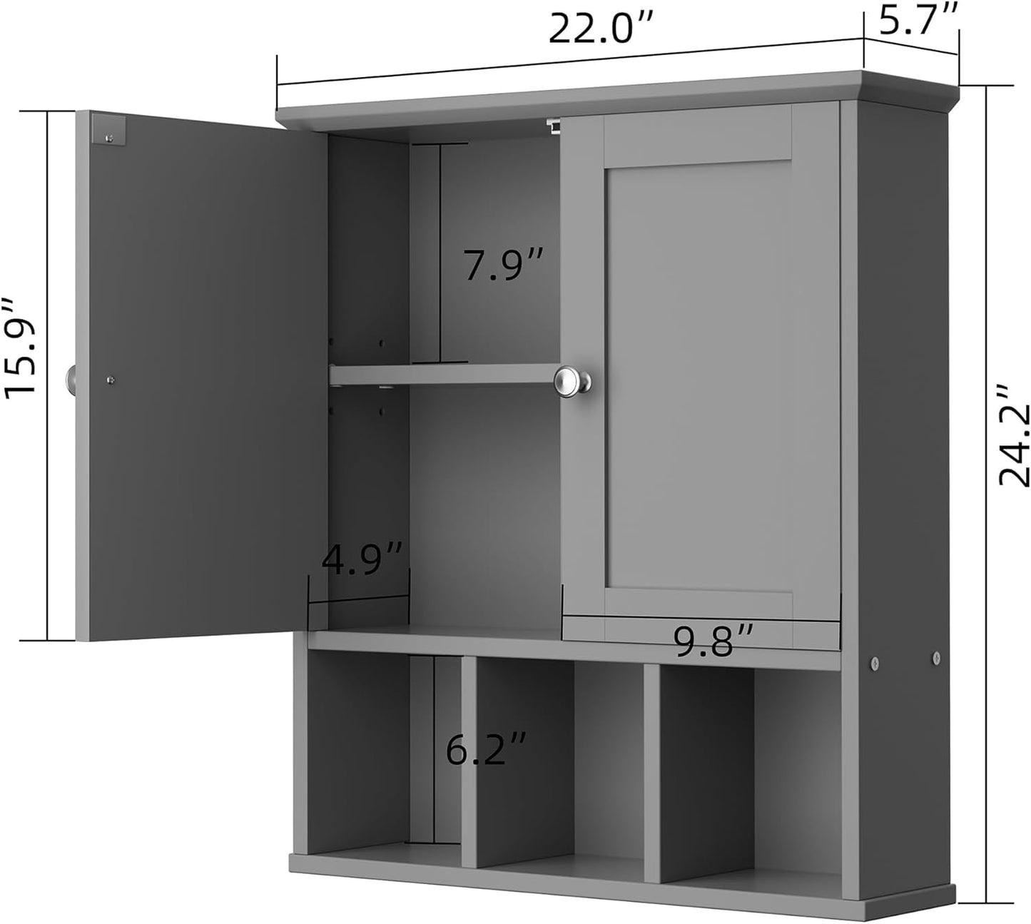Shintenchi Bathroom Wall Cabinet with Door, Storage Organizer Over The Toilet Medicine, Space Saving with Adjustable & Open Shelf, Gray