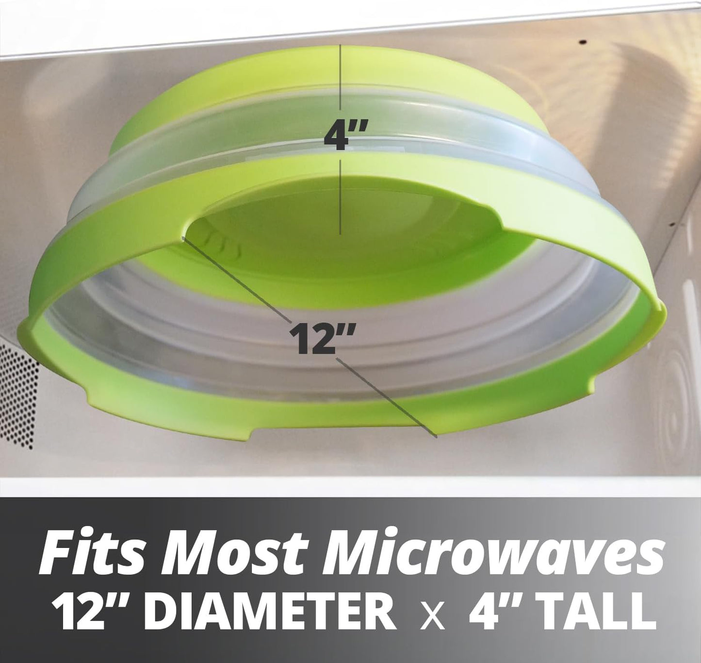 2.0 Magnetic Microwave Splatter Cover, Collapsible 12-Inch BPA-Free Food Lid with Upgraded Magnets, Vented Plate Guard, Dishwasher Safe, Space-Saving Magnetic Storage - Green