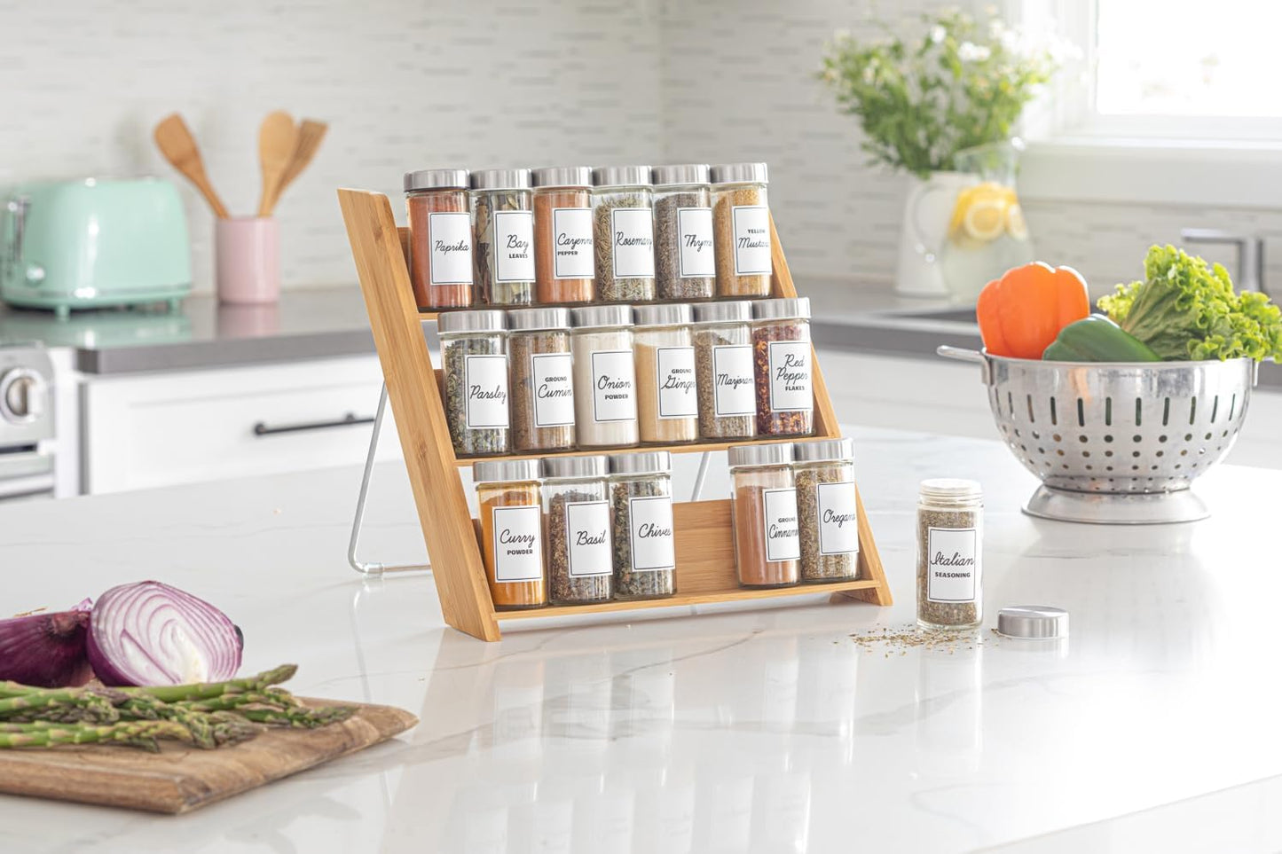 Orii 18 Jar Bamboo Compact Spice Organizer for Countertop and Kitchen Drawer, Filled with Spices, Program