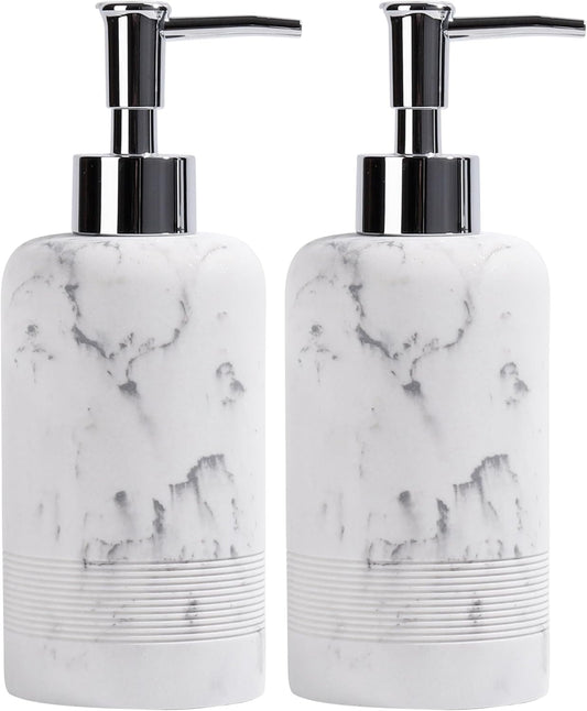 2pcs/Set Hand Soap Dispenser Sets - 10.8oz Refillable Resin Liquid Soap Dispensers with Rust-Proof Pump for Bathroom Countertop or Kitchen, Marble White