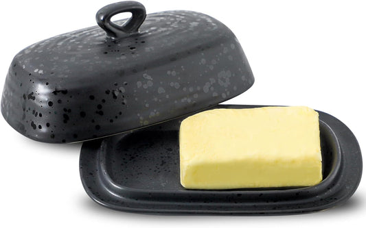 Hansense Porcelain Butter Dish with Lid for Countertop, Ceramic Butter Keeper with Handle Cover, Butter Holder Container Perfect for East and West Coast Butter, Dishwahser Safe, Dark