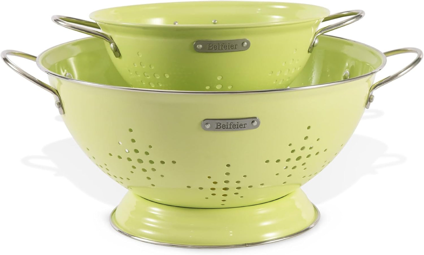 Metal Colander 2 Pack, Strainer Bowel with Handles 2Qt & 6Qt Powder Coated Solid Ring Base Heavey Duty Kitchen Drainer Basket for Pasta Veggies and Fruits,New Home Apartment Essentials (LightGreen)