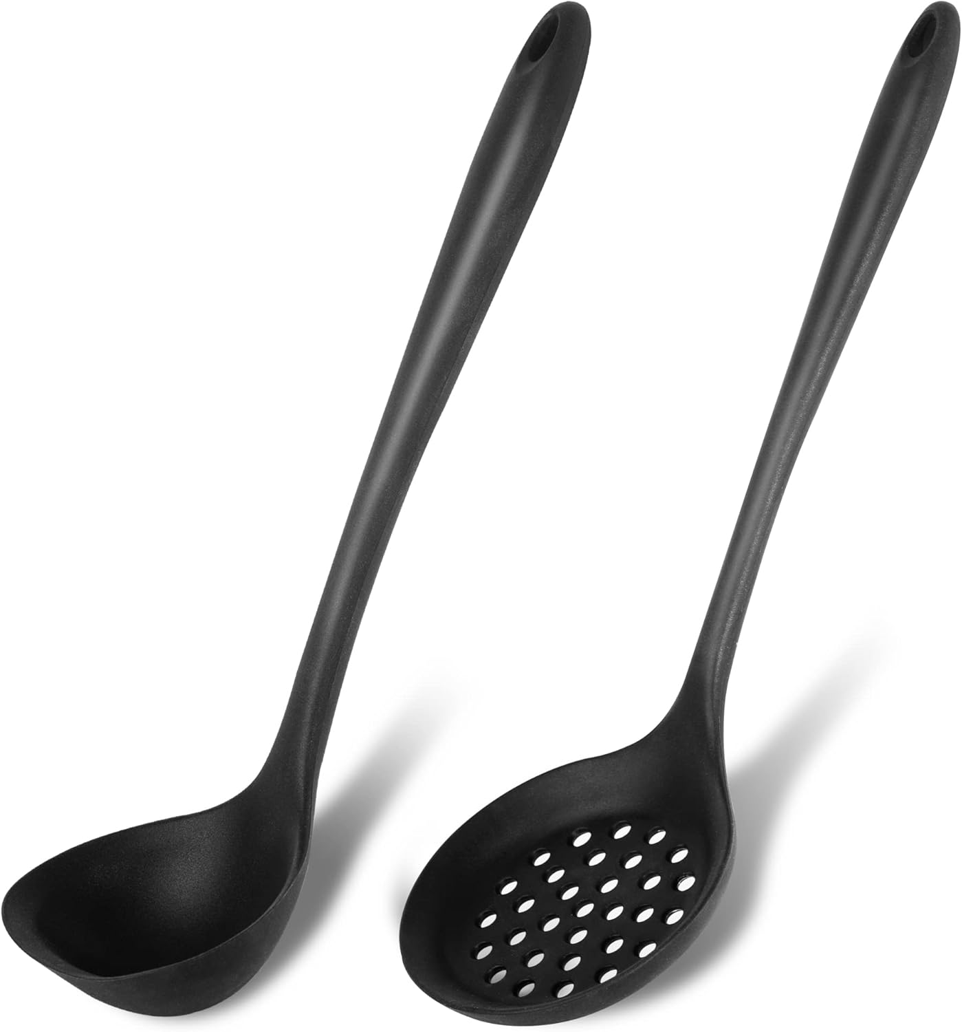 Silicone Soup Ladle Spoon Set of 2,Silicone Nonstick Large Skimmer Slotted Spoons,Kitchen Ladle Strainer Spoons Heat Resistant Cooking Utensil for Cooking Stirring Serving Draining Frying