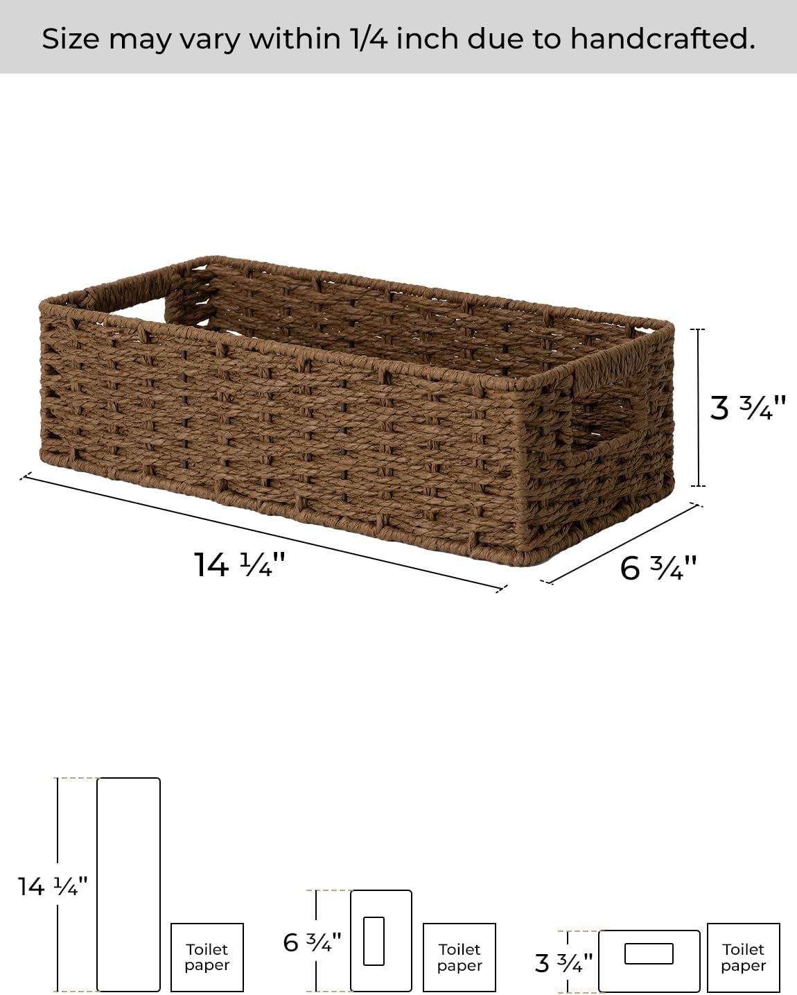 StorageWorks Toilet Tank Tray, Brown Round Paper Rope Bathroom Baskets for Organizing, Toilet Tank Basket, Toilets Organizer with Built-in Handles, 14 ¼"L x 6 ¾"W x 3 ¾"H, 1 Pack