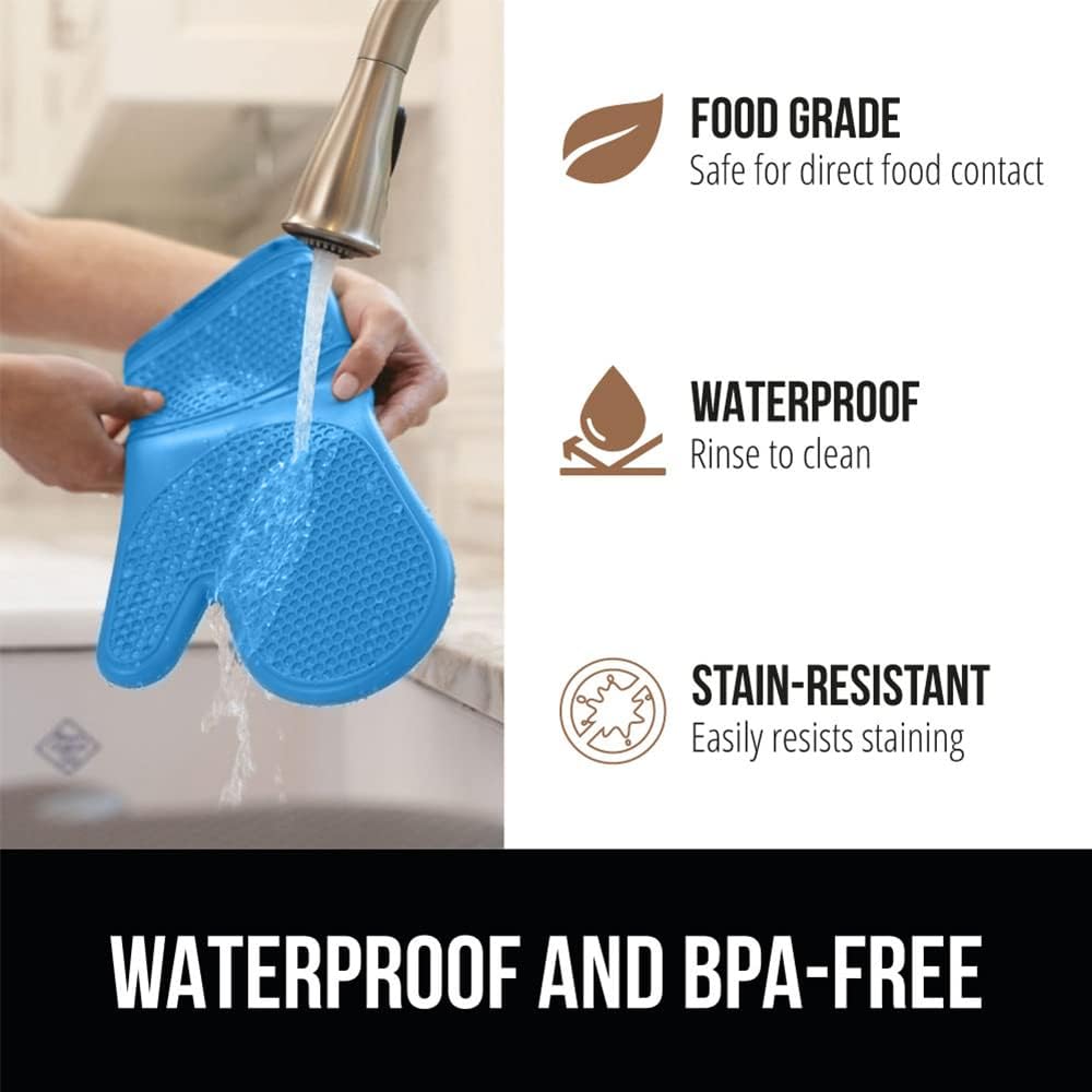 GORILLA GRIP BPA-Free Soft Silicone Oven Mitts, 14.5x8.3, Heat Resistant and Waterproof Cooking Gloves, Thick Cotton Lining, Flexible Gripping for Baking Grilling, Kitchen Potholders Set of 2, Aqua