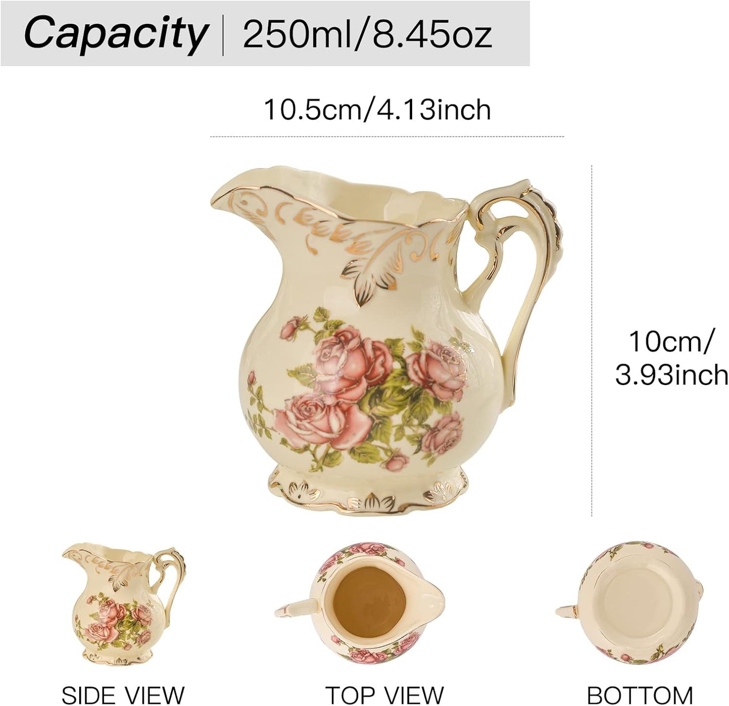 YOLIFE Ceramic Sugar and Creamer Set, Vintage Porlcelain Pitcher Creamer Sugar Bowl with Lid, Pink Rose Floarl Golden Leaves Edge
