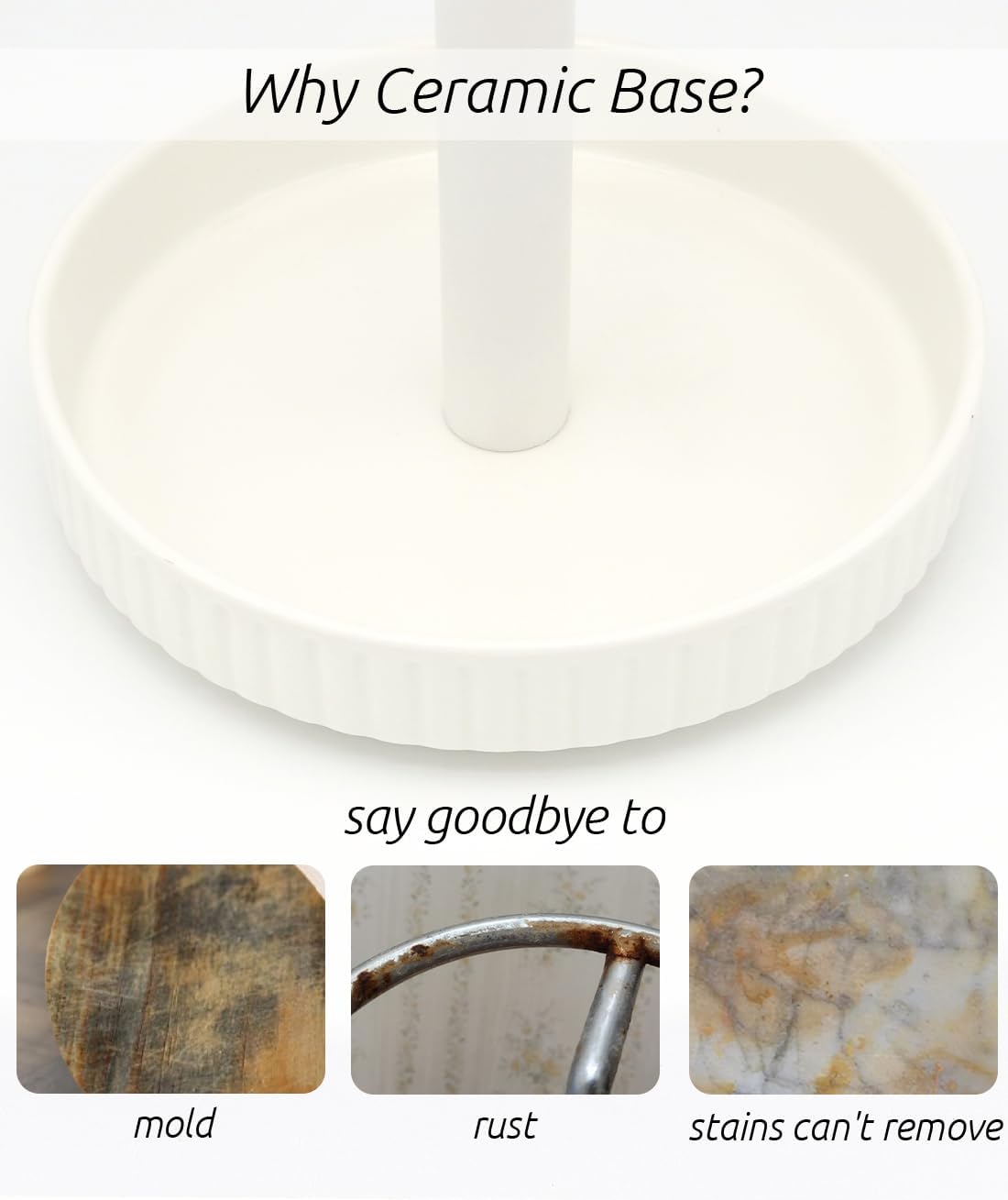 VROOMIUM Paper Towel Holder Countertop, Ceramic Base Easy-to-Clean, 1.5 lbs, 7" B x 12.5" H, Stable Elegant and Durable Kitchen Roll Stand, Chic White