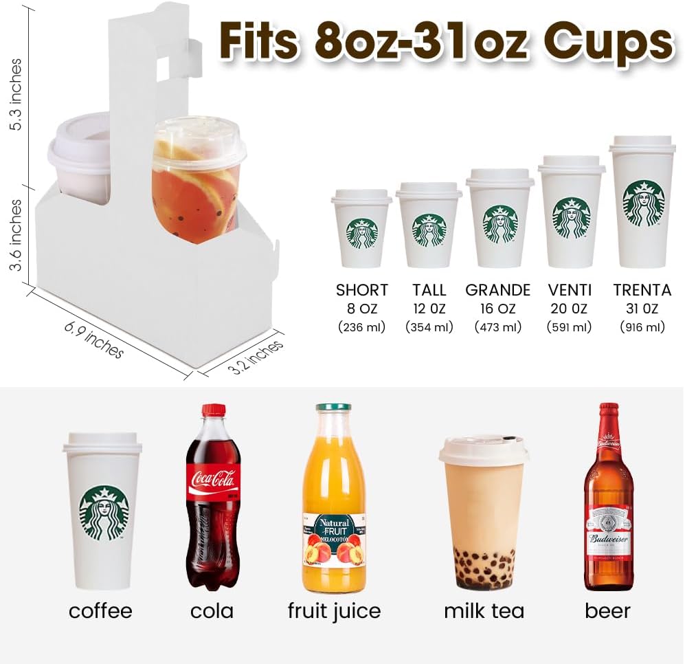 15Pcs -2 Cup Drink Carrier with Handle - Paper Cup Holder, Coffee Carriers Tray for Drinks, Disposable Takeaway Cardboard Holders To Go for Food Delivery, Uber Eats/Door Dash Two or 4 Kraft Paperboard