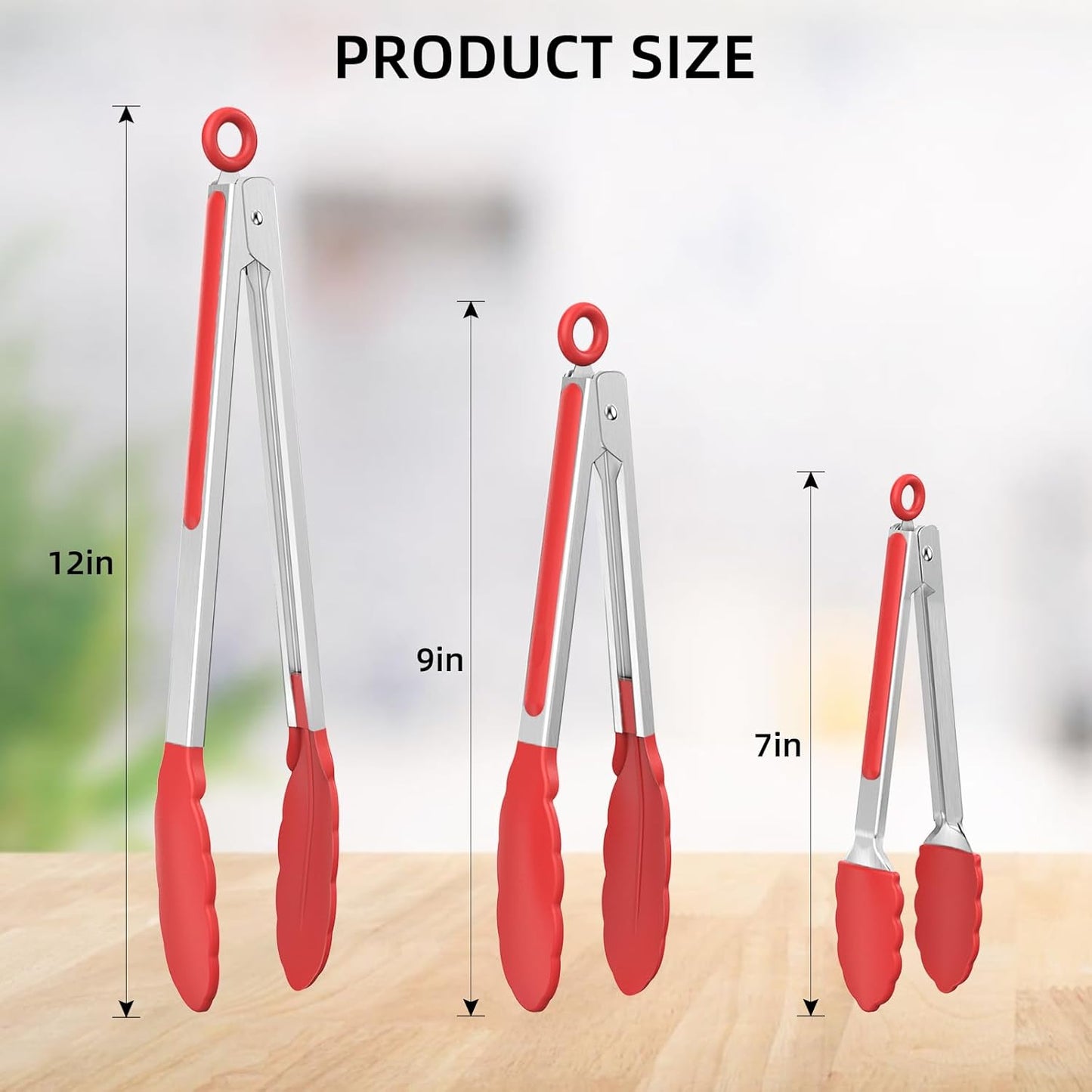 NileHome Tongs for Cooking, Professional Stainless Steel Cooking Tongs – Heat-Resistant for Grilling, BBQ, Serving Salad, Pasta, and Kitchen Use, Dishwasher Safe, Set of 7" 9" 12", Red