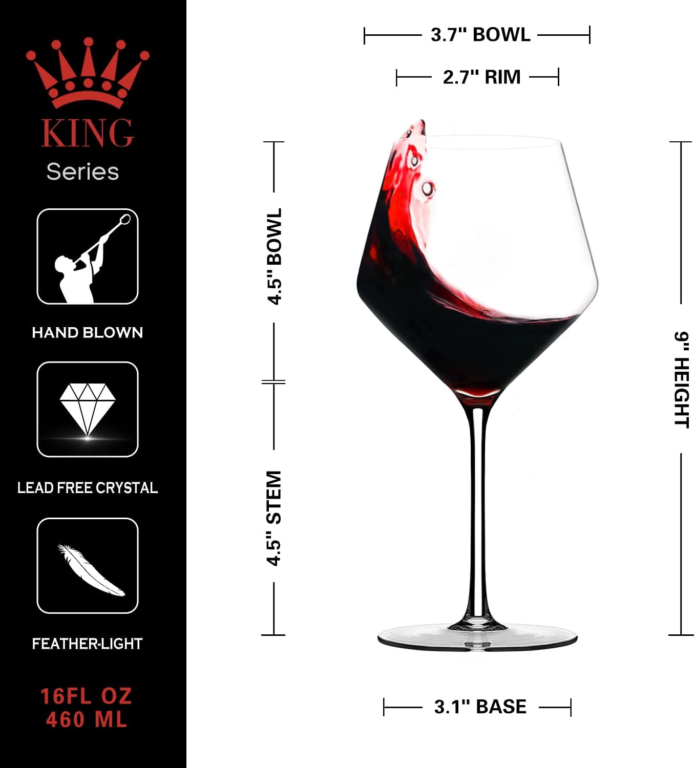 LUNA & MANTHA Red Wine Glasses, Crystal Wine Glasses Set of 4, Hand Blown - Unique Gift for Wedding, Anniversary, Home Bar- 500Ml, Clear