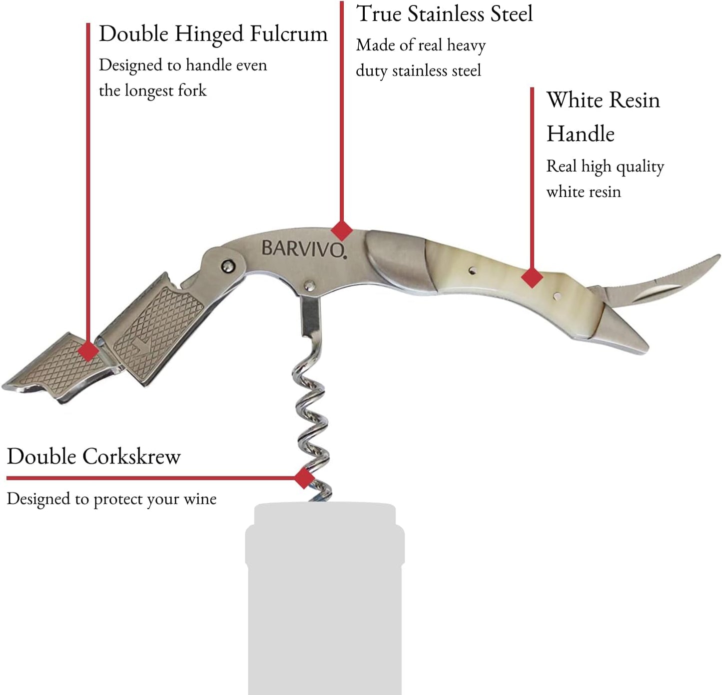 Barvivo Wine Opener with Foil Cutter and Cap Remover - Double Hinged Corkscrew for Bartenders - Stainless Steel Wine Key for Easy Bottle Opening - Manual Wine Bottle Opener - White Resin, 4.7x1.2-Inch