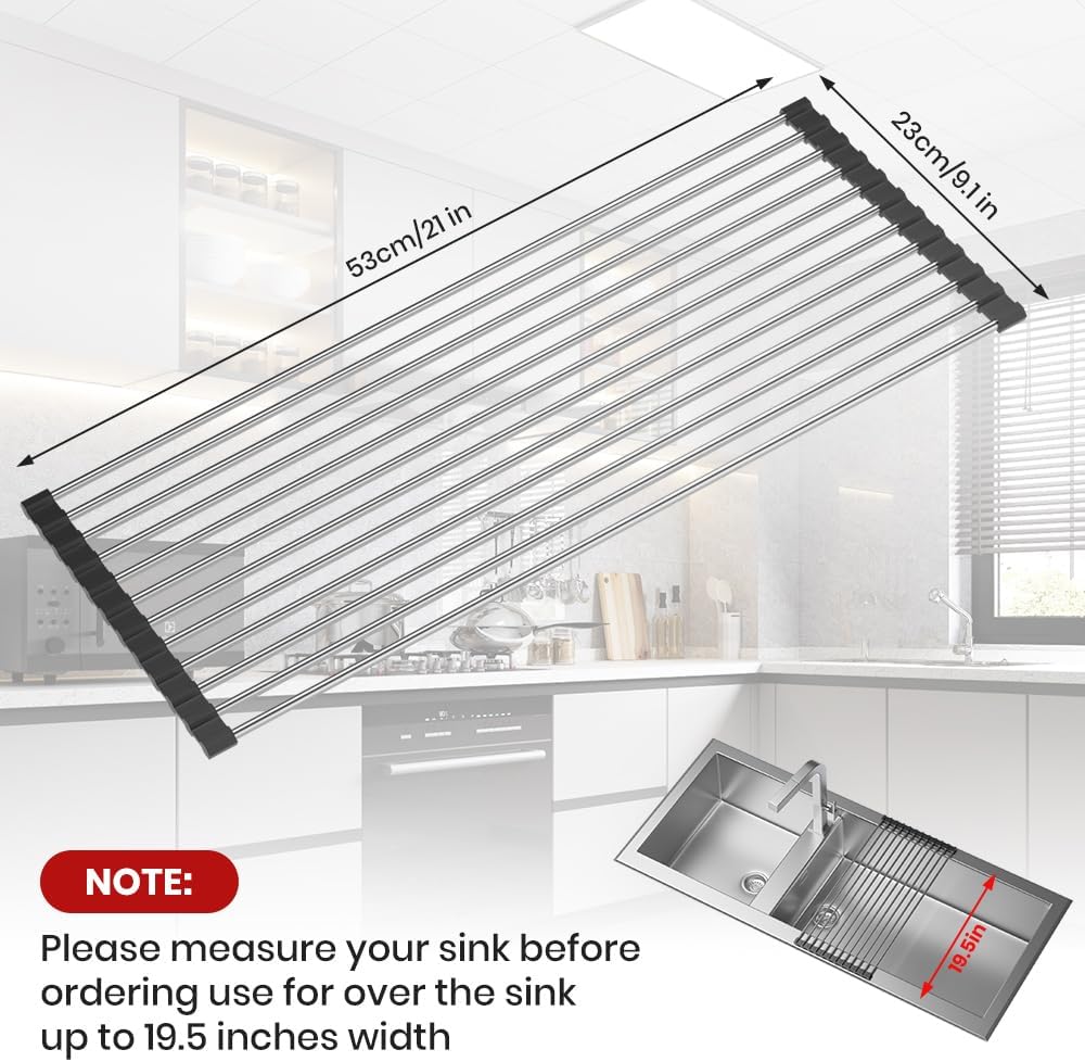 Roll Up Dish Drying Rack, Stainless Kitchen Accessories, Foldable Dish Rack, Anti-Slip Design Sink Counter Storage, Over The Sink Dish Rack, Stainless Steel, (21" x 9.1")