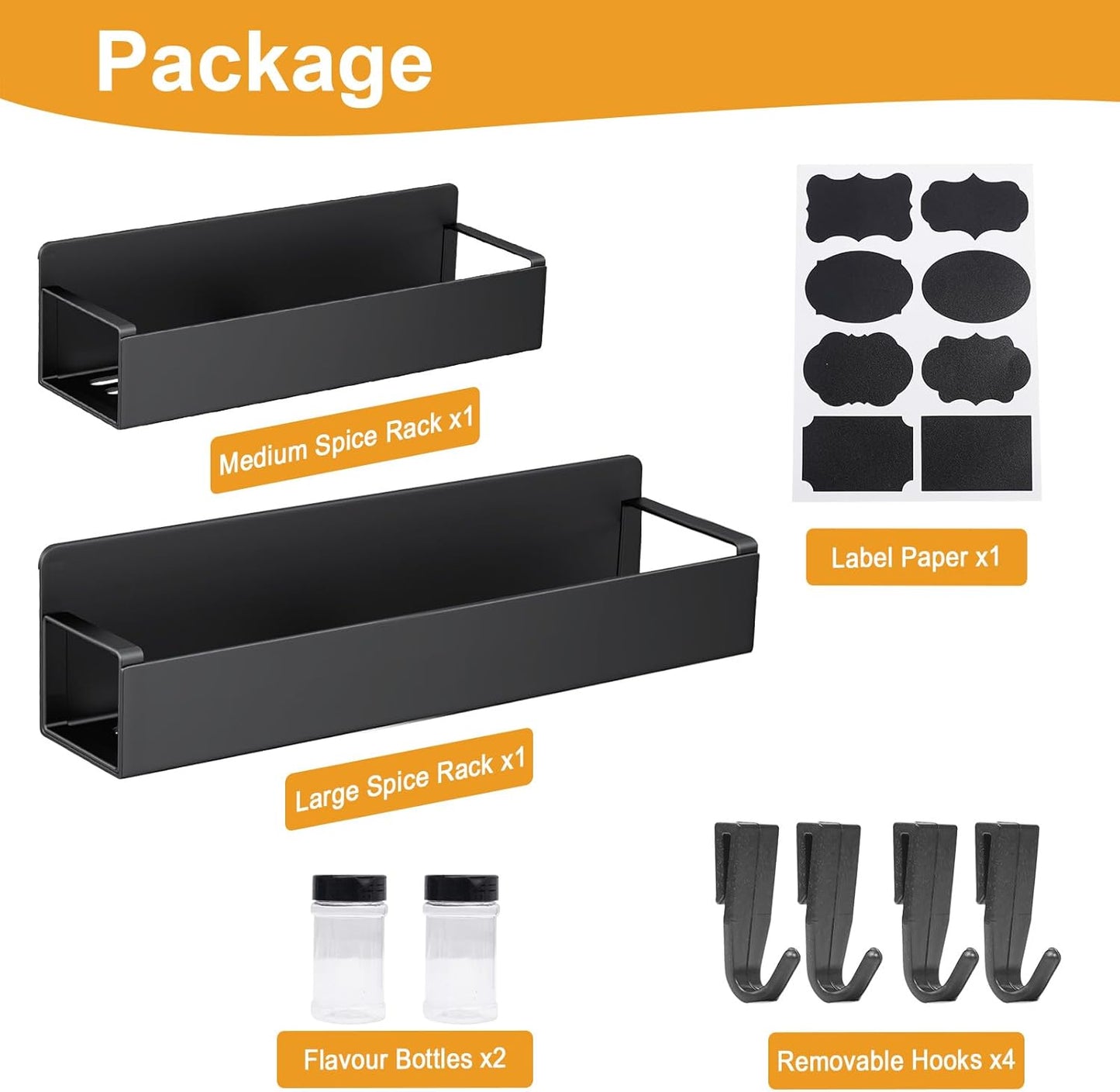 2 Pack Magnetic Spice Rack for Refrigerator,Metal Magnetic Shelf Black with 2 Jars,1 Label,4 Hooks,Space Saving for Home,Kitchen