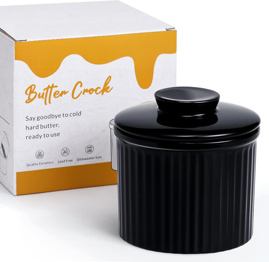 Large Butter Crock for Counter with Water Line, Butter Keeper, Ceramic French Butter Dish Holder for Fresh Spreadable Soft Butter (Black, 8 Ounce)