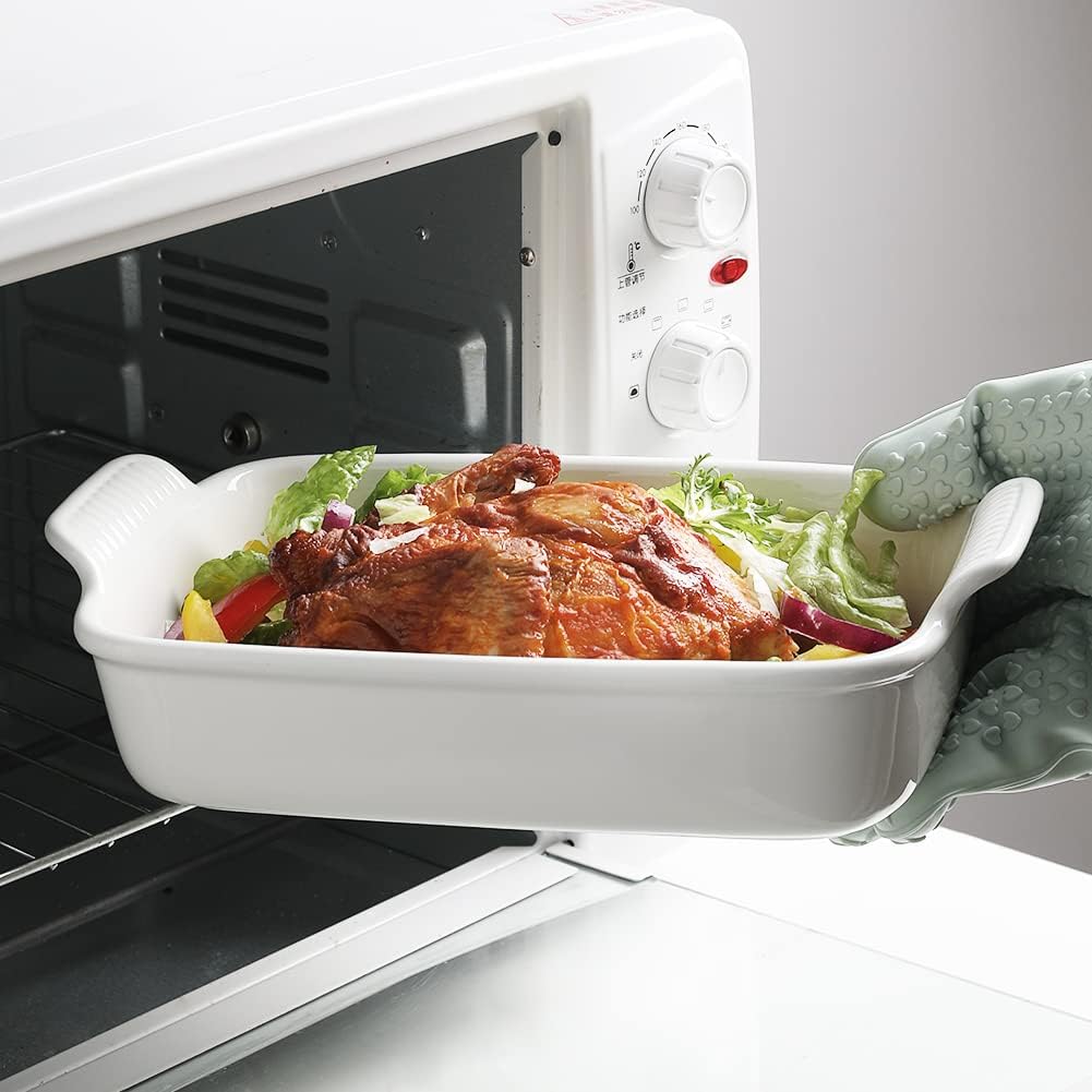 Sweejar Baking Pans Set, Ceramic 9x13 Baking Dish with Handle, Rectangular Casserole Dishes for Oven, Bakeware Sets of 3, Durable Lasagna Pan Deep for Kitchen, Banquet, Wedding Gift(White)