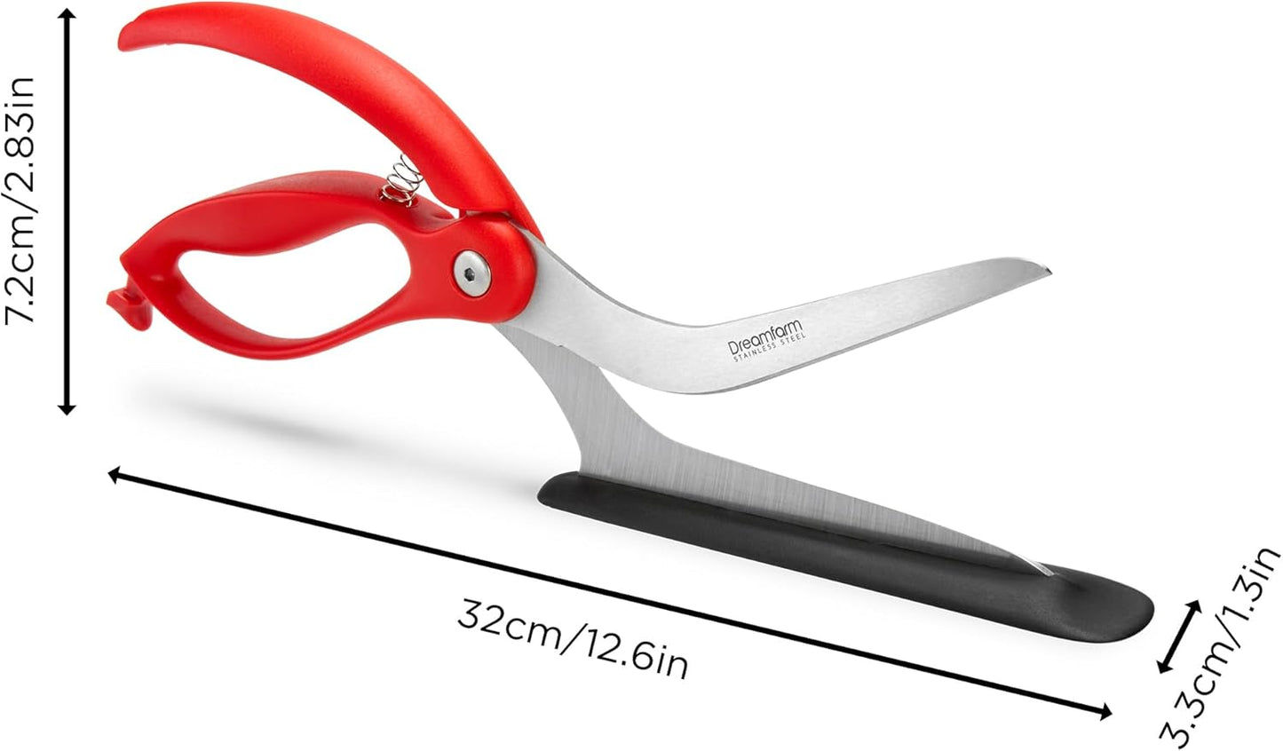 Dreamfarm Scizza 2-In-1 Easy Ergonomic Pizza Scissors with Stainless Steel Pizza Cutter Blades & Non-Stick Slice Server - Red