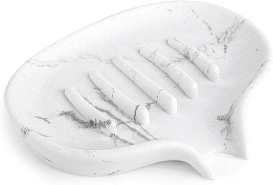 Soap Dish with Drain- Self Draining Bar Soap Holder for Shower, Marble Look Soap Savers Soap Tray Sponge Holder for Kitchen, Bathroom, Bathtub Sink, White