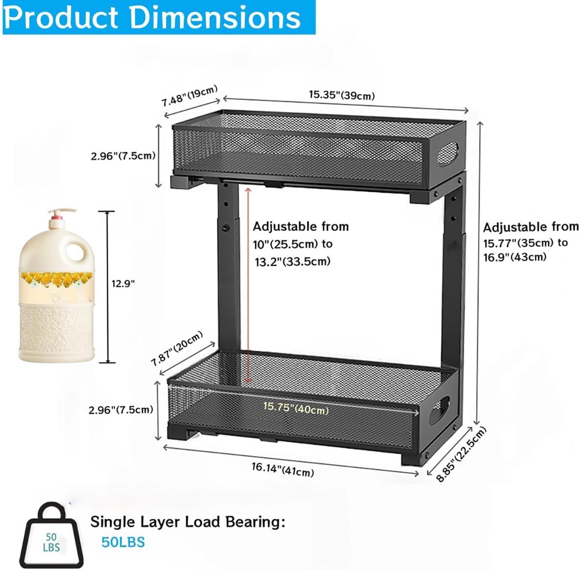 2-Tier Under Sink Organizer with Pull-Out Mesh Drawers, Adjustable Height Cabinet Storage for Kitchen/Bathroom/Laundry, Space-Saving Sliding Shelves (Black)