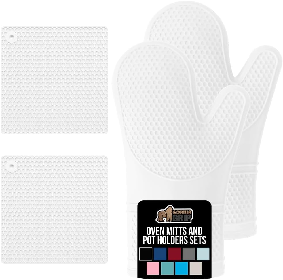 GORILLA GRIP BPA-Free Soft Silicone Oven Mitts and Pot Holders Sets of 4, Heat Resistant Waterproof Cooking Gloves, Thick Cotton Lining, Flexible Gripping for Baking Grilling, Kitchen Trivets, White