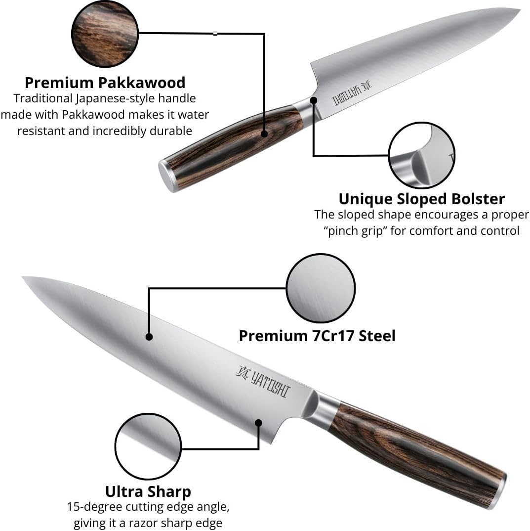 Yatoshi 15 Piece Knife Block Set - Pro Kitchen Knife Set Ultra Sharp High Carbon Stainless Steel with Ergonomic Handle