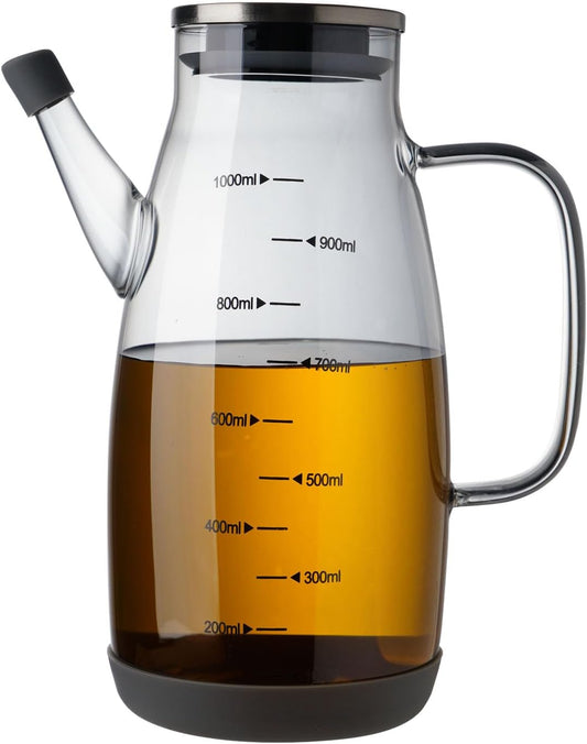 Large Glass Oil Dispenser Bottle for Kitchen Cooking Recipiente Para Aceite De Cocina Olive Oil Vinegar Dispenser Cruet Stainless Steel Lid No Drip Liquid Container (Grey, 34oz /1000ml)