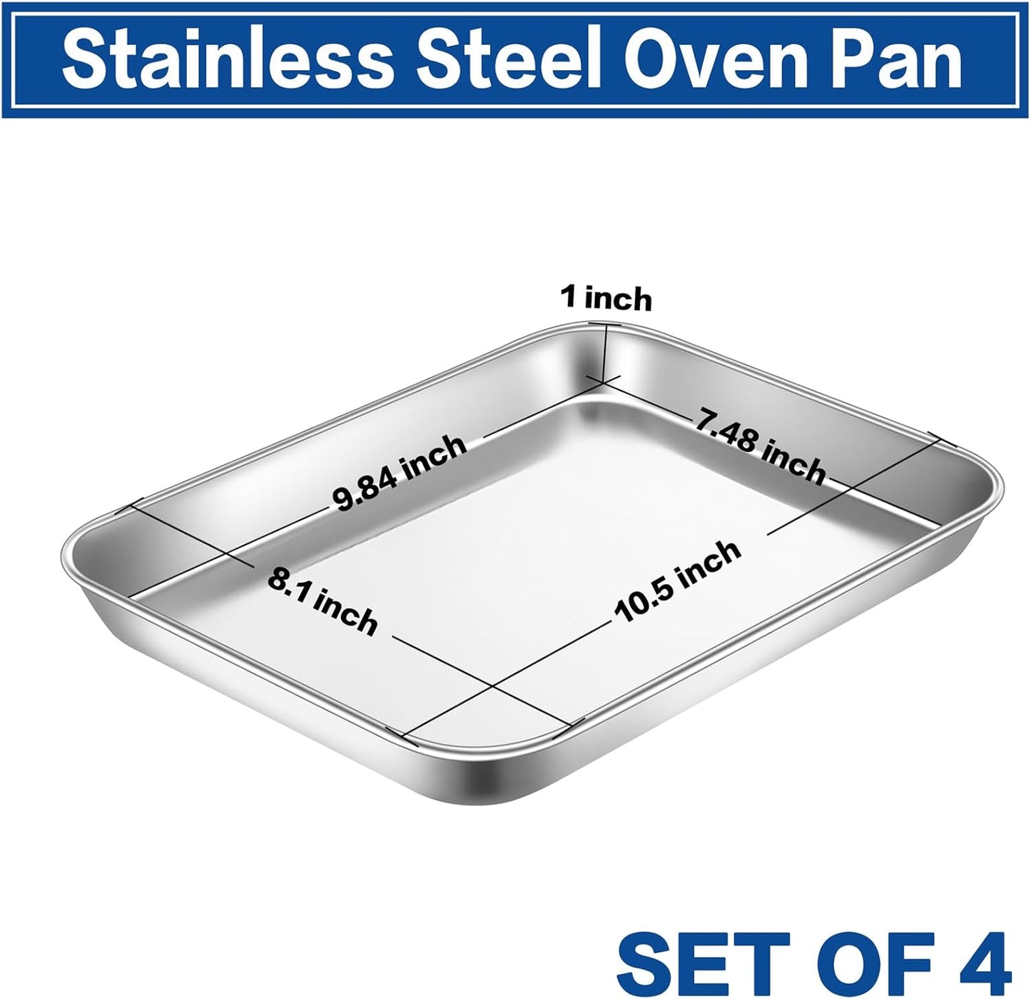 P&P CHEF 10.5 Inch Baking Cookie Sheet, Oven Pan Tray Stainless Steel Sheet Pan for Kitchen, Oven Bakeware for Multi Uses, Shiny Look & Dishwasher Safe, Healthy & Heavy Duty, 4Pcs