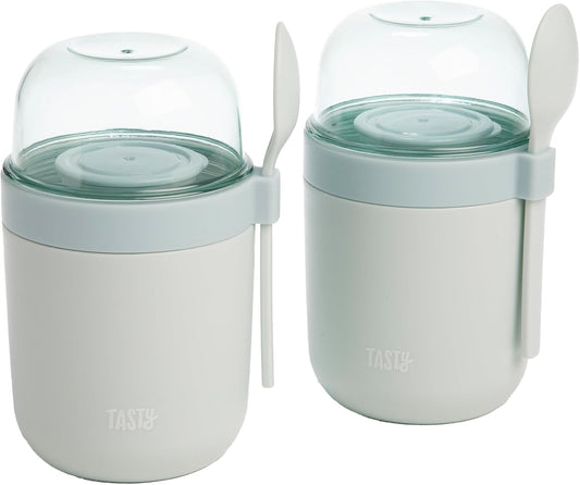 Tasty Travel Snack Cups with Spoons, On-The-Go Snacking, Divided Compartments, Great for Nuts, Cereal, Granola, Yogurt and More, Made Without BPA, 2-Pack, Aqua