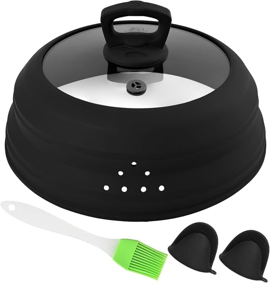 Microwave Splatter Cover Glass 10.5 Inch Microwave Cover for Food with Handle Collapsible Silicone Microwave Cover with Steam Vent for Pot Plate Bowl (Black)