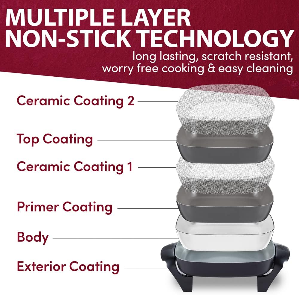 Elite Gourmet EG2212X 12"x12"x2.15” Ceralast™ PFAS Free Ceramic Electric Skillet, Dishwasher Safe, Rapid Heat Up, 1200W, Dark Grey