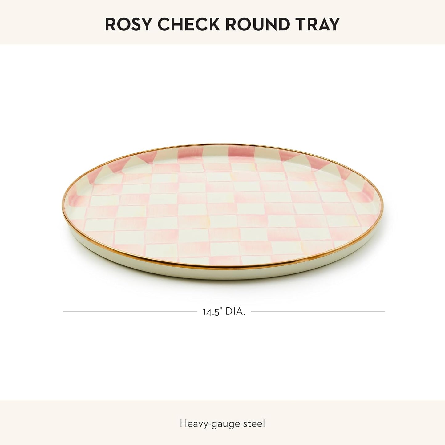 MACKENZIE-CHILDS Enamel Round Tray, Unique Serving Platter for Food and Drinks, Pink-and-White Rosy Check