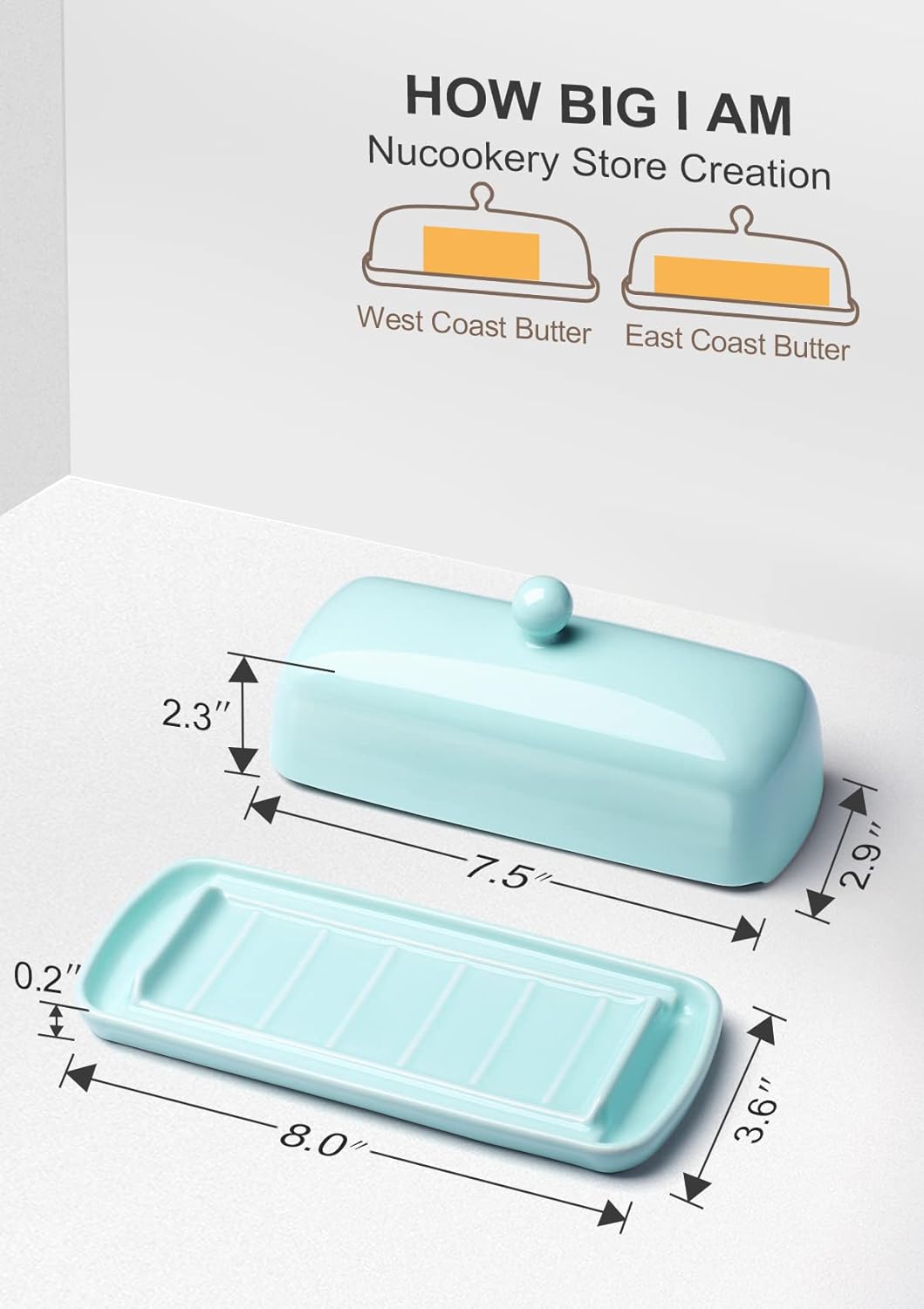 Nucookery Ceramic Butter Dish with Lid | Raised Legs and Non-Slip Strip Design | Porcelain Health | Dishwasher Safe, Lake Blue