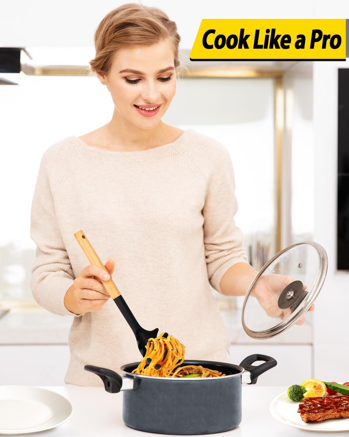 Pack of 2 Spaghetti Spoon, Silicone Pasta Fork with Wooden Handle, Heat Resistant Noodle Spoon Server, BPA Free Spaghetti Strainer(BLACK-RED)